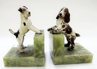 Pair of Art Deco cold painted bronze dog bookends on green onyx bases